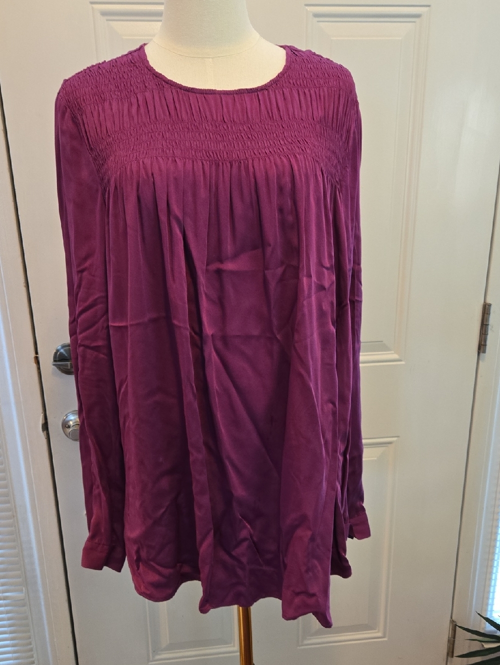 J Jill Smocked Yoke Long-Sleeve Tunic in Plum